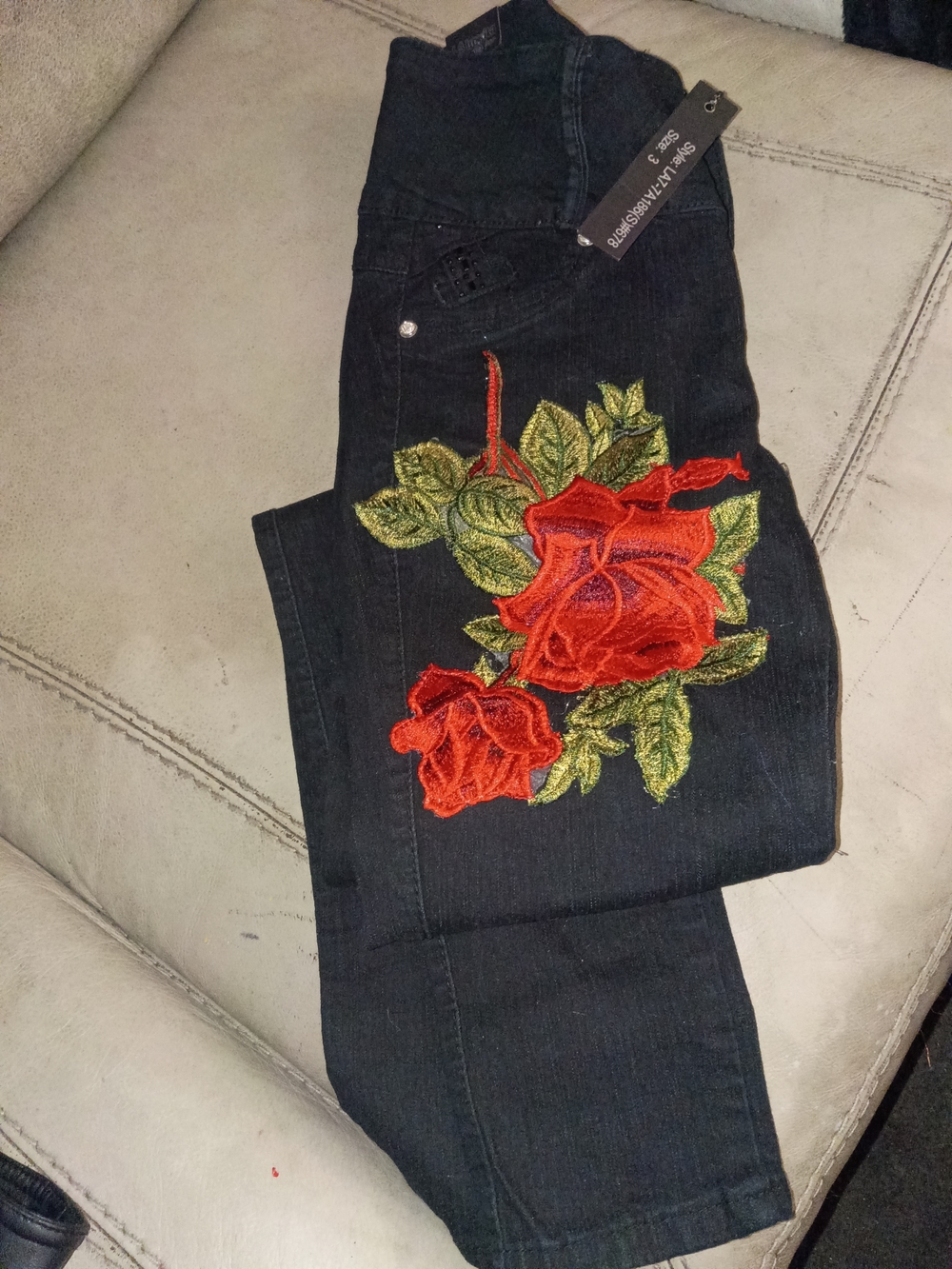 LA Bonita Embroidered Black Women’s Jeans with Red Rose Appliqué
